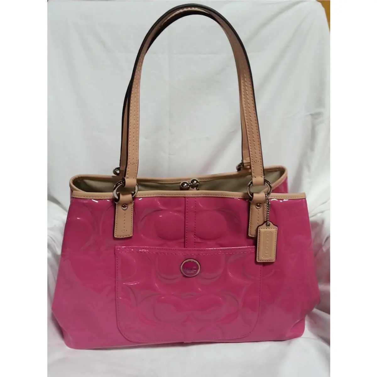 Coach Signature Embossed Patent Leather Frame Handbag in Mulberry-nwt-srp: