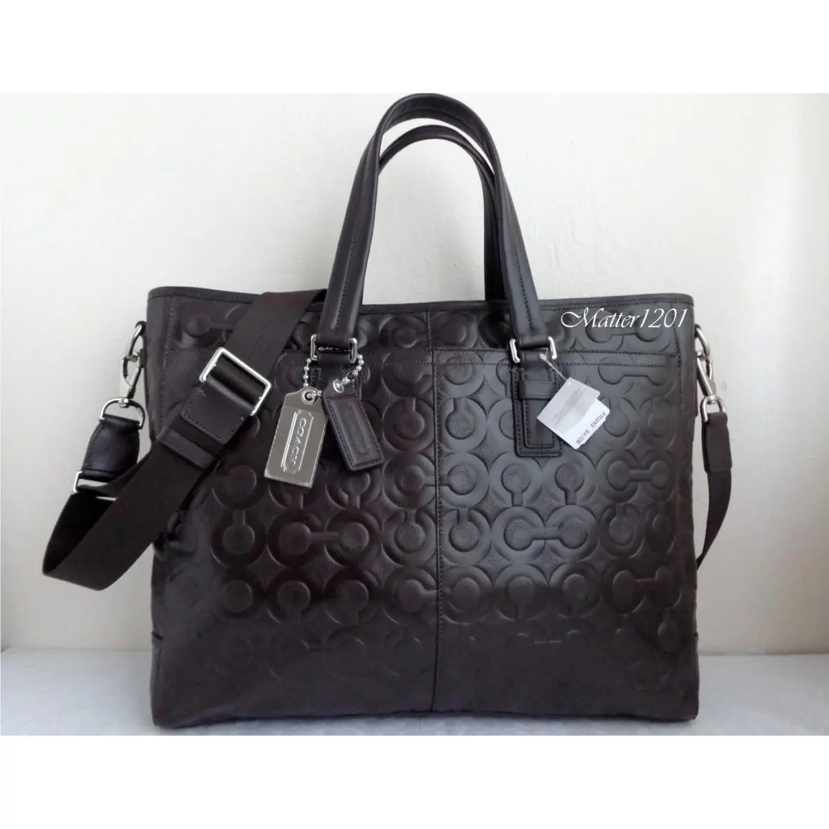Coach 70253 Men`s Embossed Op Art Leather Business Tote Dark Brown