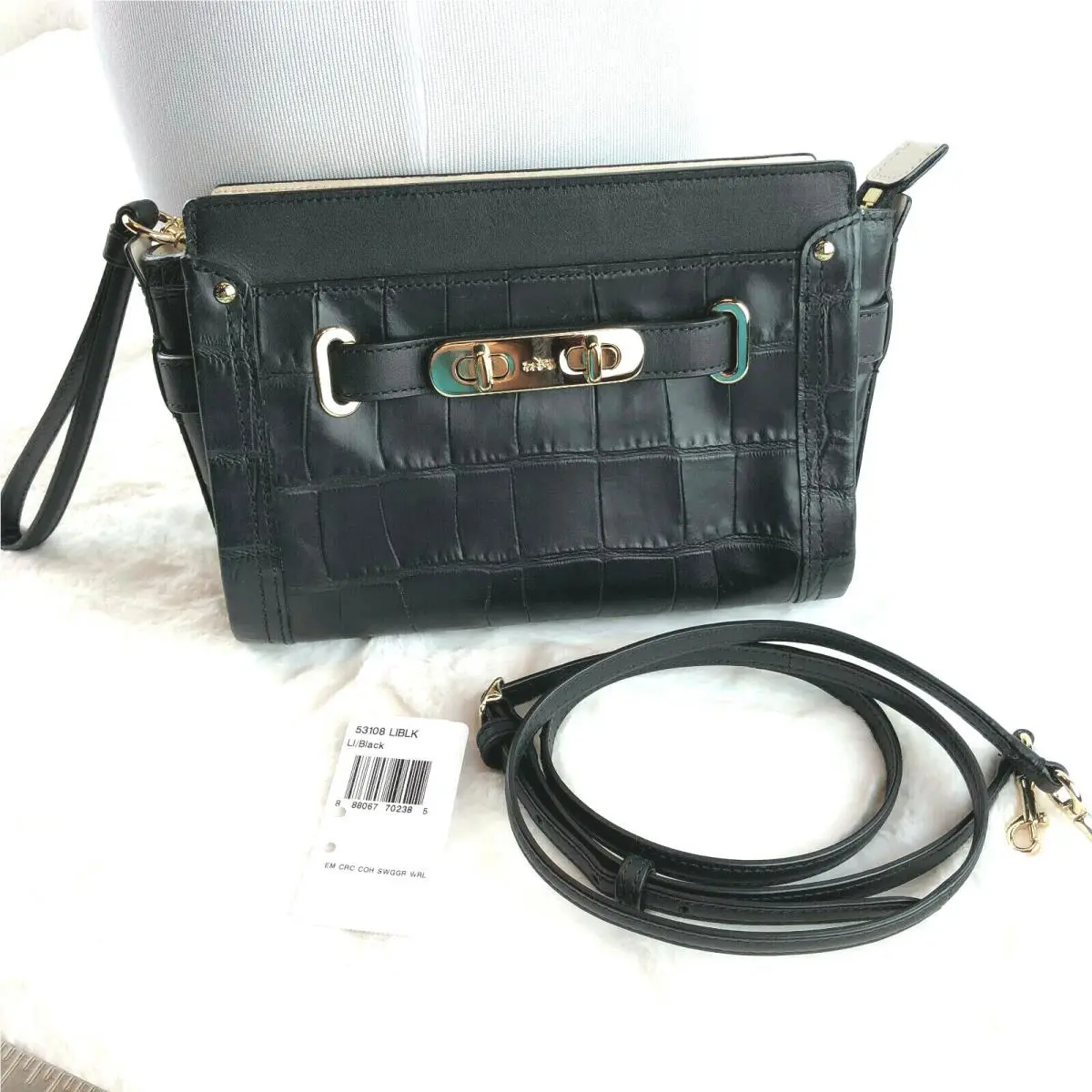 Embossed Croc Coh Swagger Clutch/crossbody Black 53108 Retail by Coach
