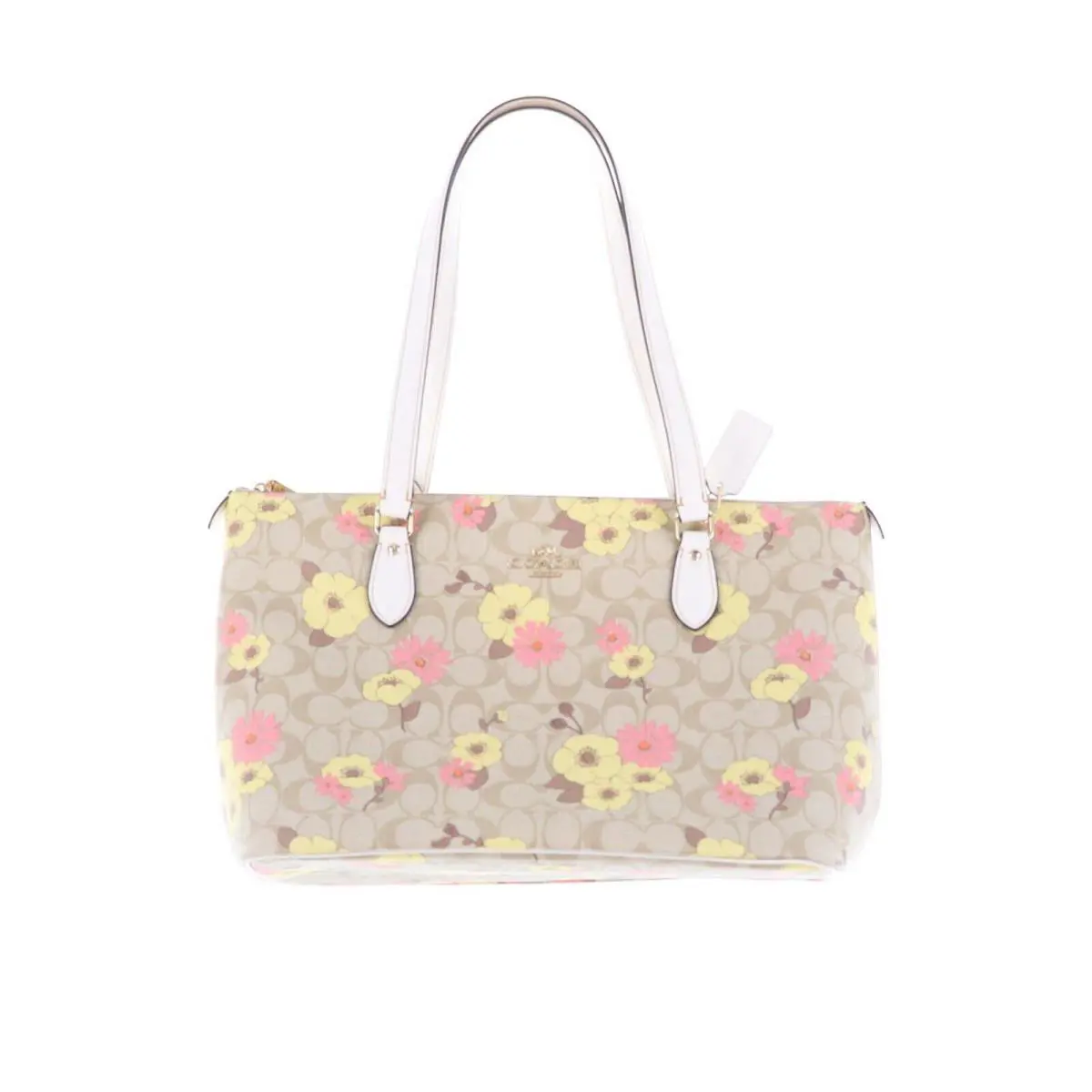 Coach Purse Gallery Tote Bag In Signature Canvas Floral Print Double Handles - Handle/Strap: White, Hardware: Silver, Exterior: Floral Multi