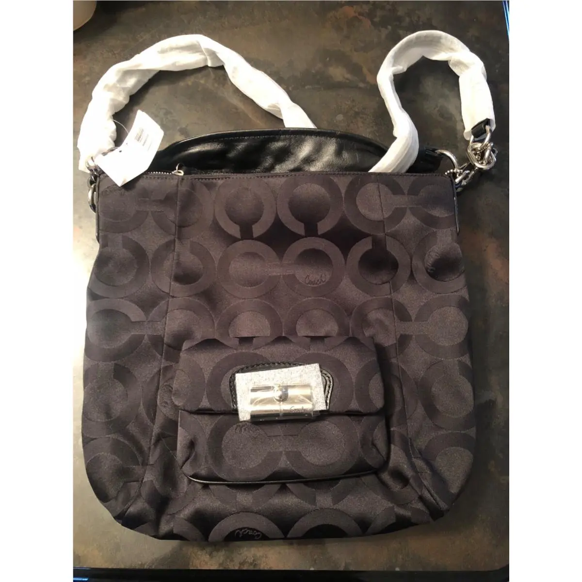 Coach Kristin OP Art Signature Sateen Hobo Black/silver Hardware 23742E