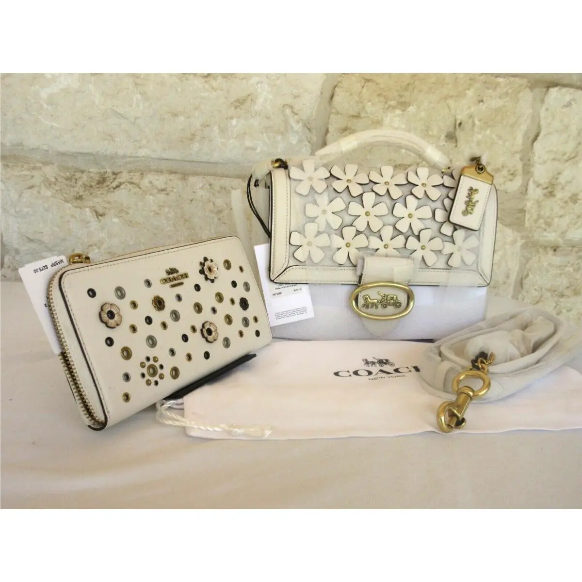 Coach 2-pc Riley Top Handle 22 Floral Appliqué + Wallet Chalk Tea Rose Dust Bag