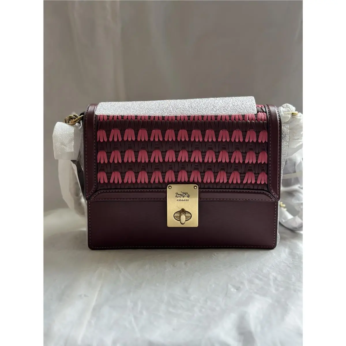 Coach 613 Hutton Shoulder Bag with Weaving Wine Leather Chain Crossbody