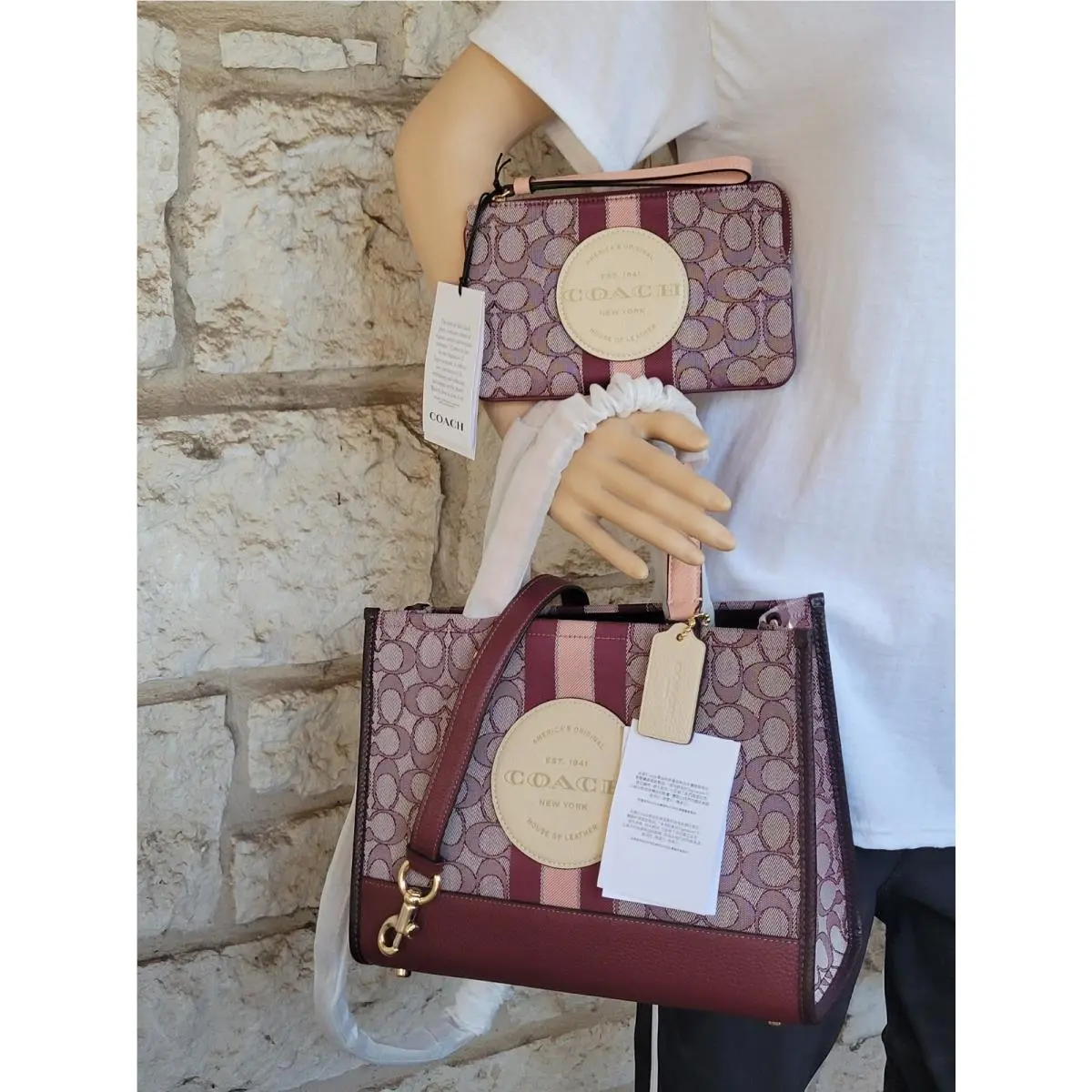 Coach Dempsey Carryall Signature Jacquard Stripe Patch Wine Multi Wristlet Set