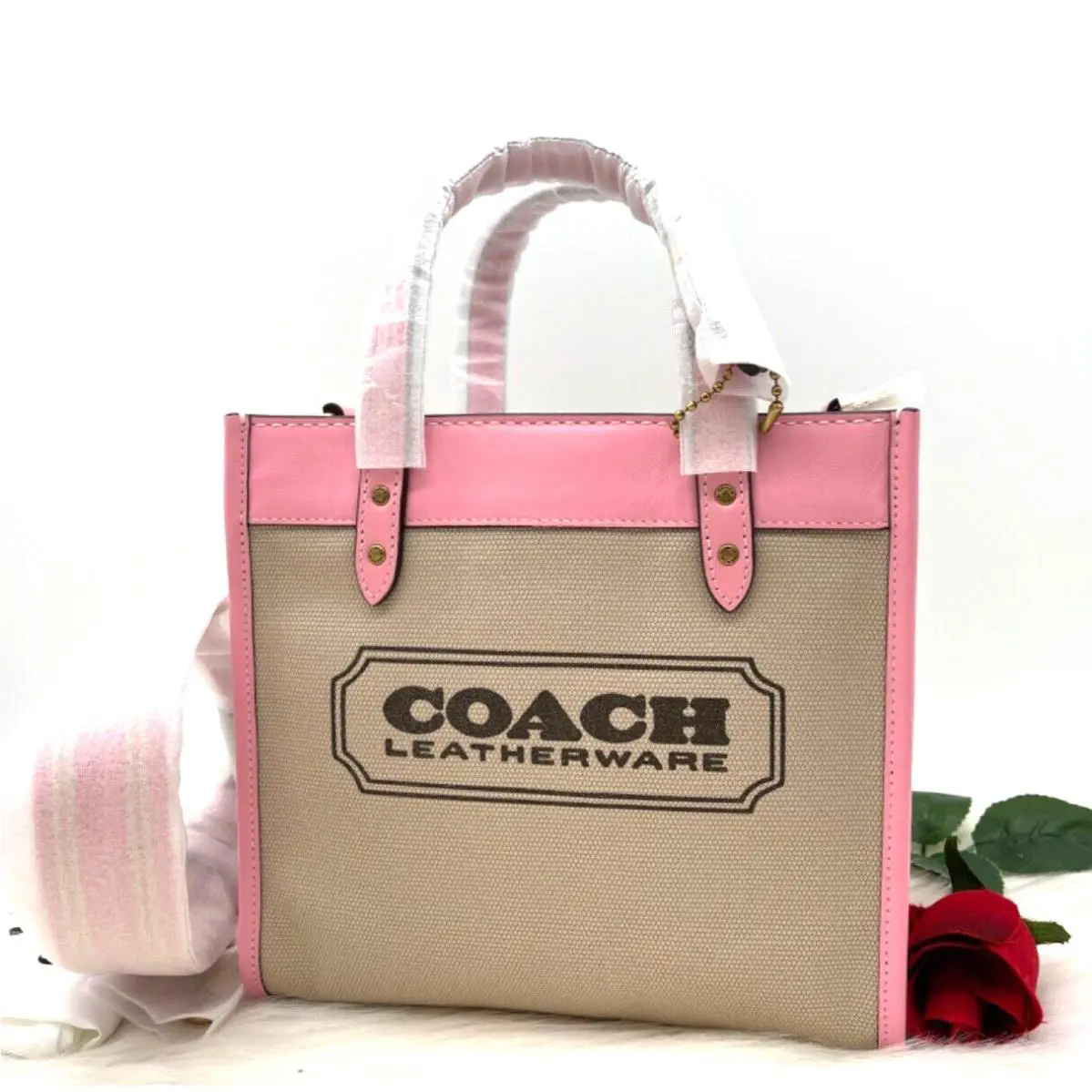 Coach Field 22 Logo Colorblock Natural Canvas Tote Crossbody Bag