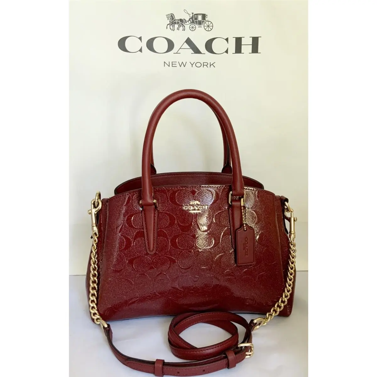 Coach F31485 Mini Sage Signature Debossed Patent Leather Chain Satchel Cherrynwt