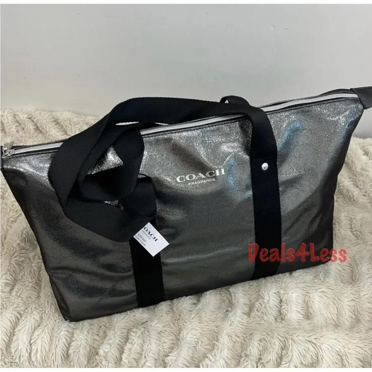 Coach Duffel Bag Silver Shimmer Metallic Overnight Weekender Travel Bag