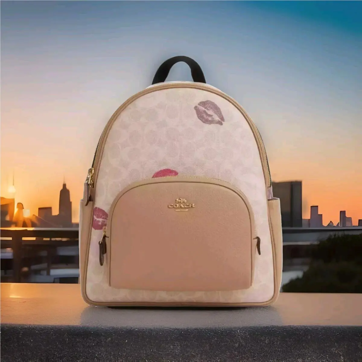 Coach Court Sand Lips Print Signature Coated Canvas Leather Backpack CZ936