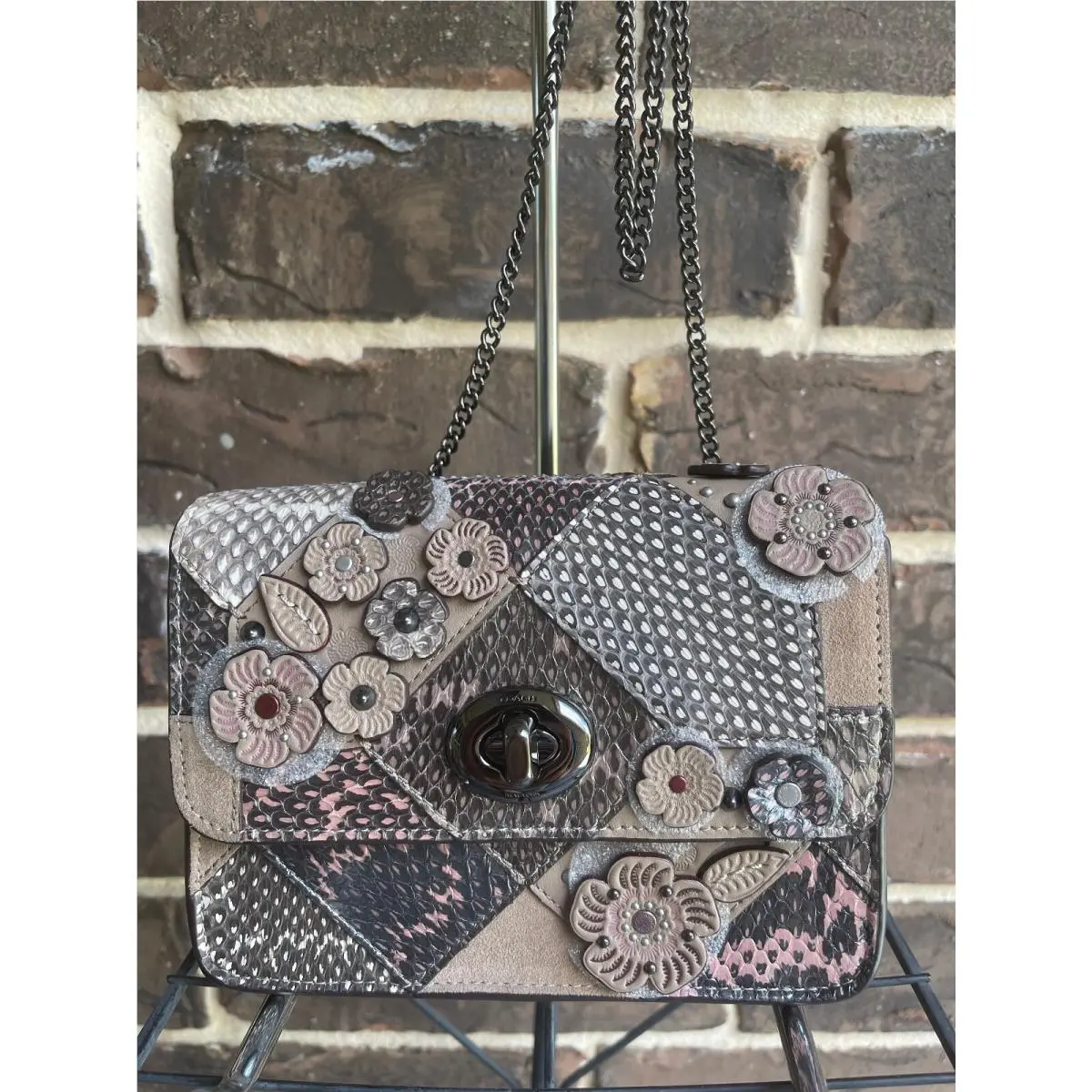 Coach 12071 Bowery Crosbody Patchwork Leather Snake Multicolor Small Grey