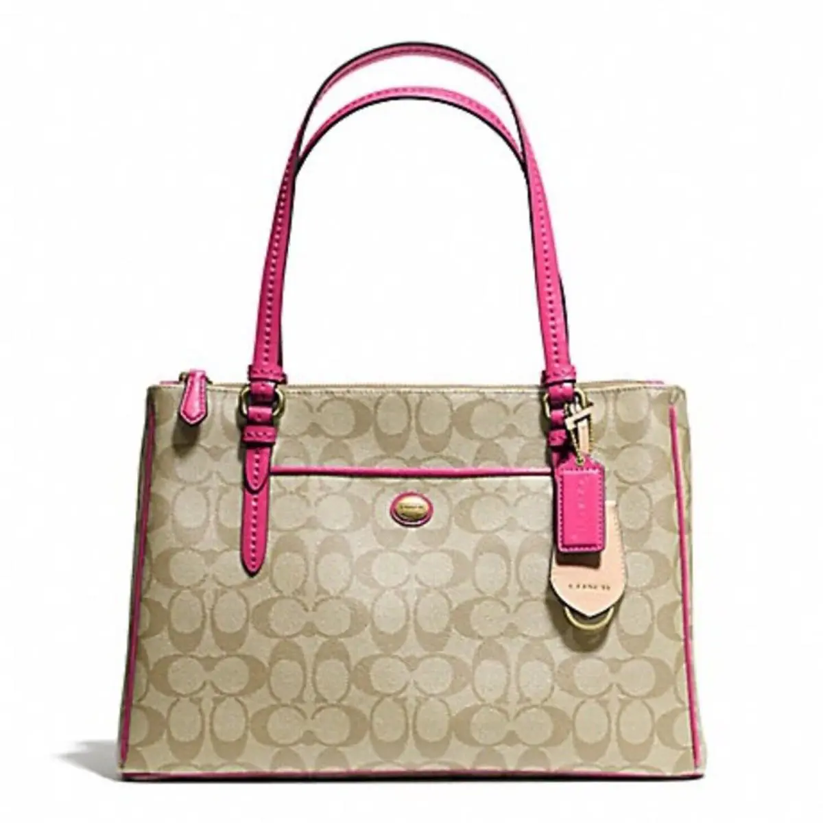 Coach Peyton Jordan 2xZIP Carryall Signature F24603 LT Kh/pom Below Ret - Handle/Strap: Pomegranate, Hardware: Brass, Exterior: Light Khaki, Pomegranate