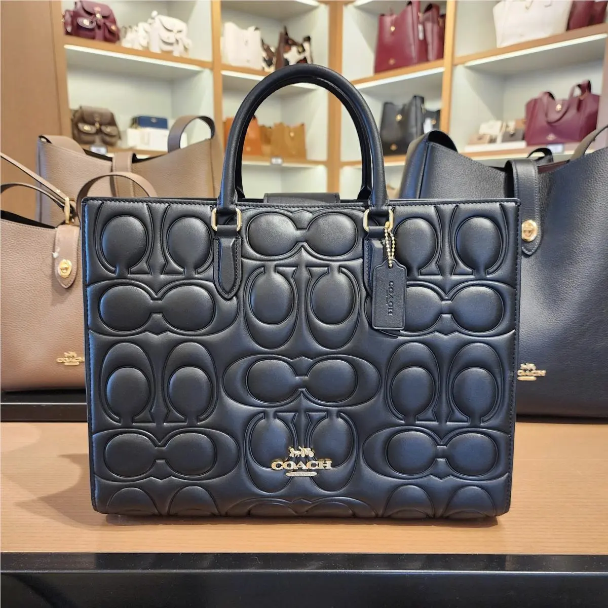 Coach Maggie Tote Bag In Signature Black Leather Shoulder Bag CY672
