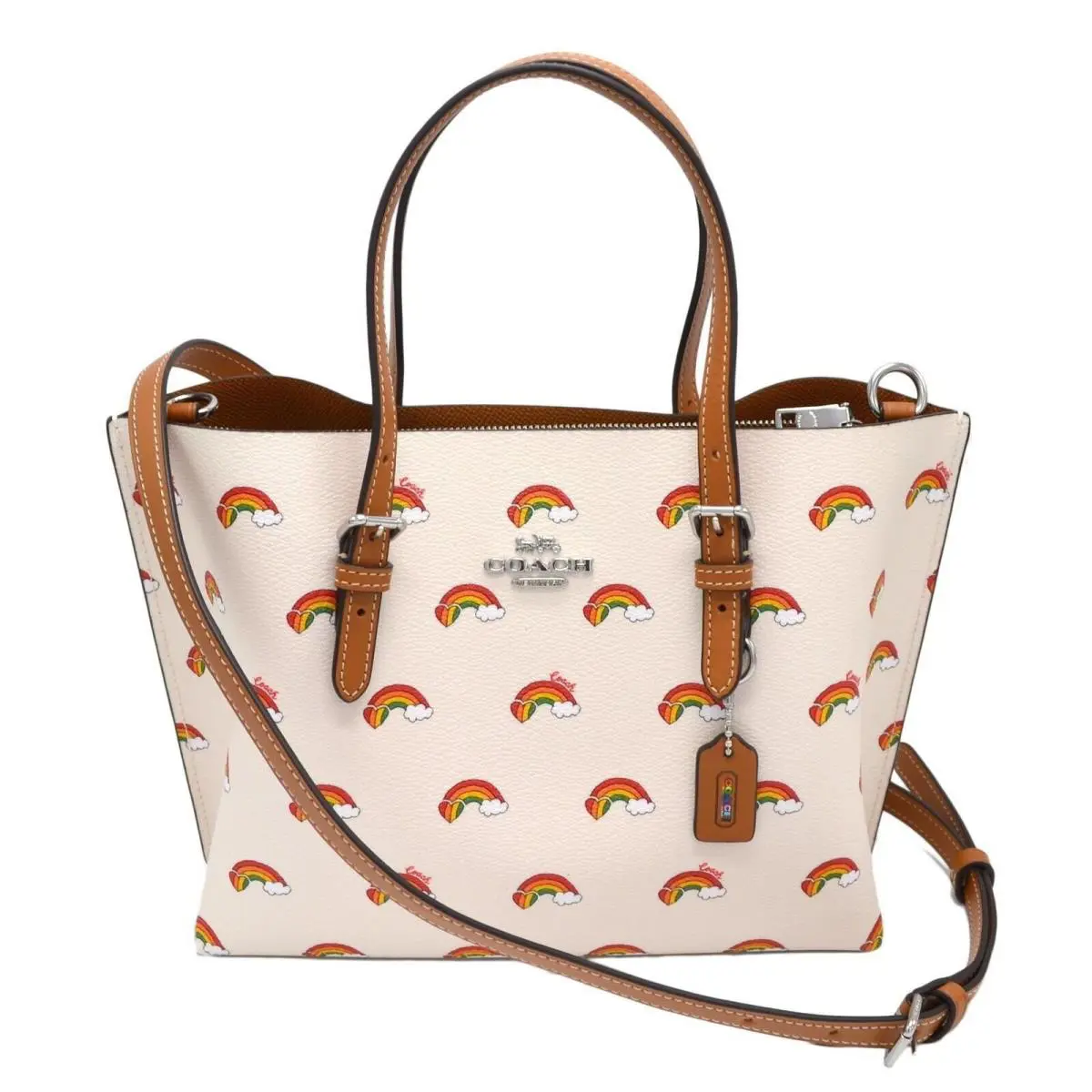 Coach Women`s Mollie Tote 25 Crossbody Purse Rainbow Pride Logo Leather Handbag - Hardware: Silver, Exterior: Chalk