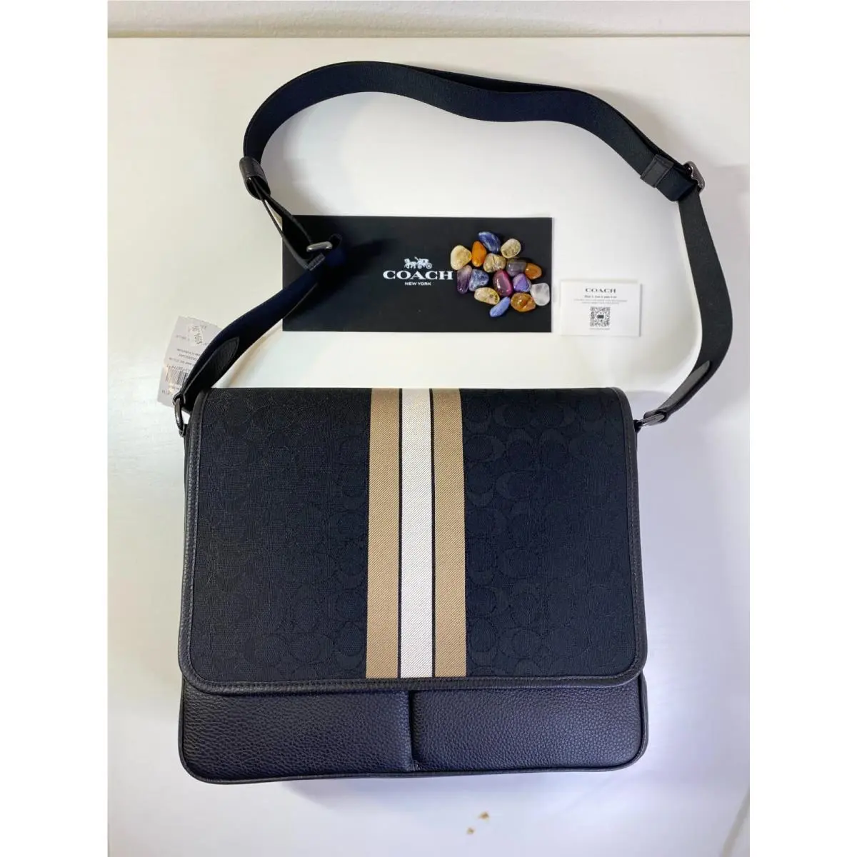 Coach Thompson Map Bag Jacquard with Varsity Stripe Black Leather Snap C5387