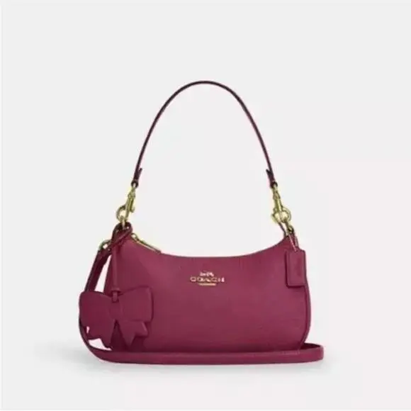 Coach Teri Shoulder Bag Bow Charm Leather Handbag Crossbody Pink