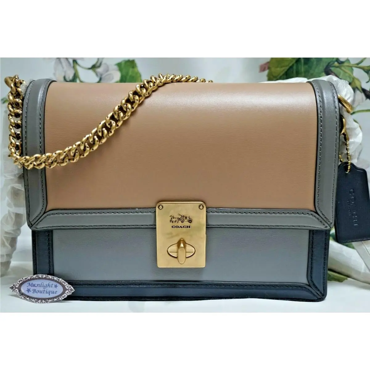 Coach Hutton Colorblock Chain Shoulder X-body Bag In Taupe Granite Leather Brass