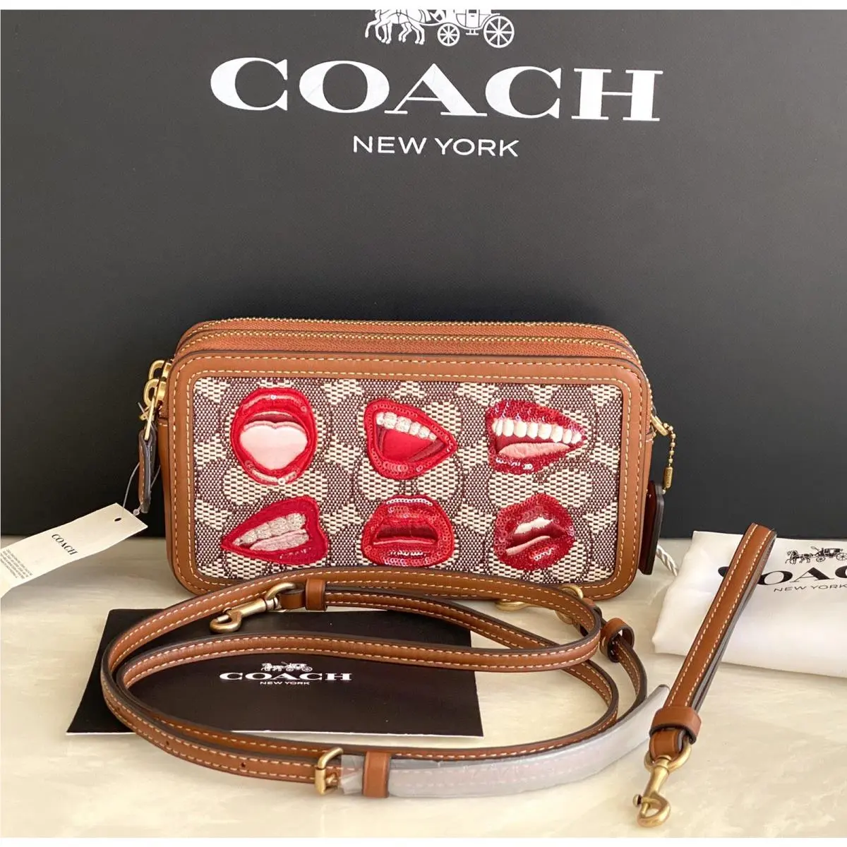 Coach X Wesselmann Lips Kira Sig Jacquard/leather Crossbody Wristlet CA231