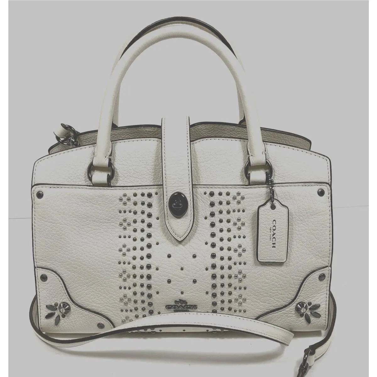 Coach Mercer Satchel 24 Leather W/bandana Rivets Dark Gunmetal Chalk F55634