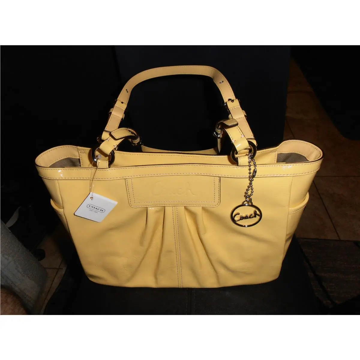 Coach Yellow Patent Pleated Purse Tote Bag W/ Short Adjustable Straps Nice