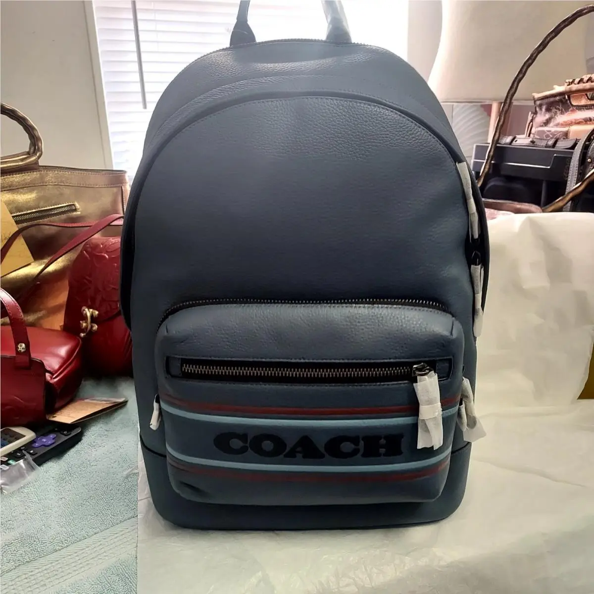 Coach West Backpack with Coach Stripe Blue Demin Mens Leather