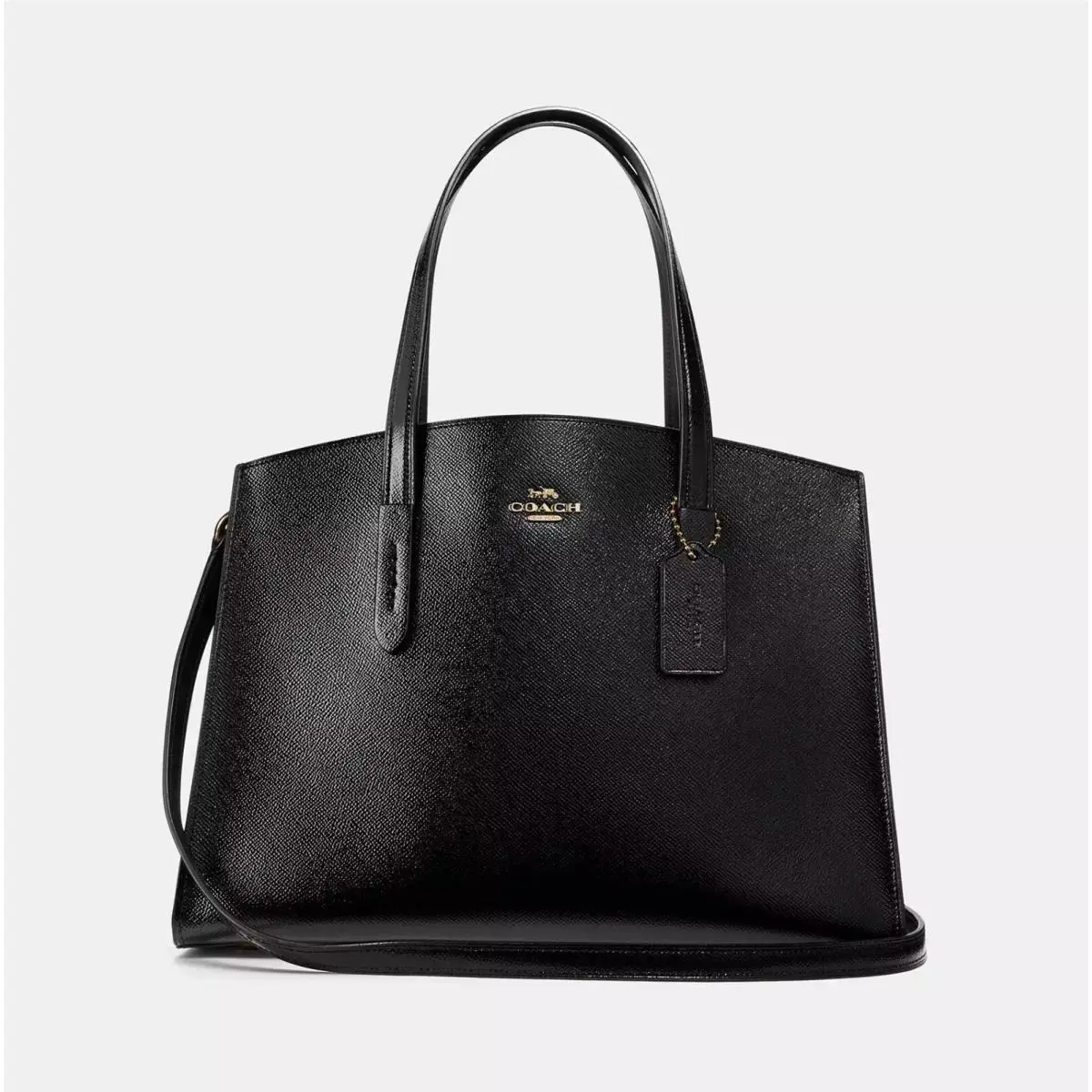 Coach Charlie Medium Carryall In Pebble Leather Polished Black Shiny