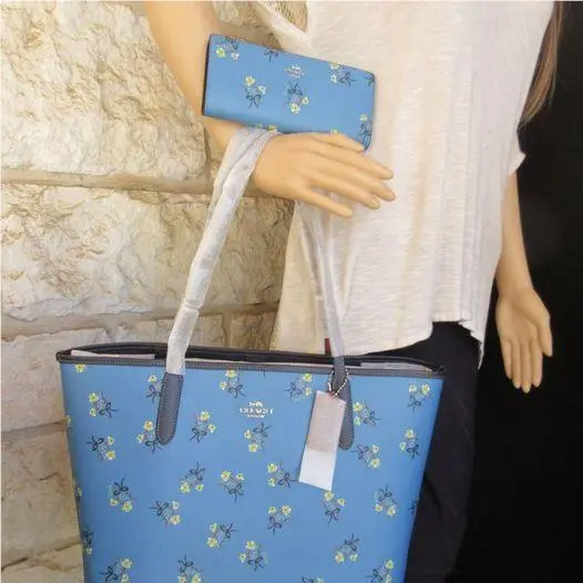 Coach 2-pc Set City Tote + Wallet Set Blue Multi Flowers/floral