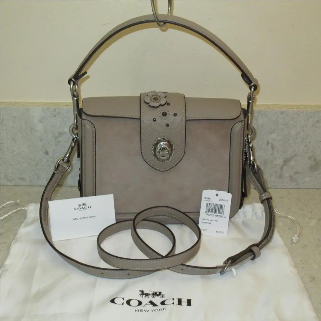 Coach Page Embossed Tea Suede Leather Handle Crossbody Bag 12588 $450+TAX