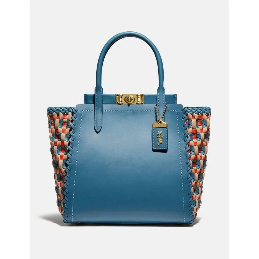 Coach Troupe Tote Weaving Bag Leather Magnetic Zip Blue Lake Handbag Purse