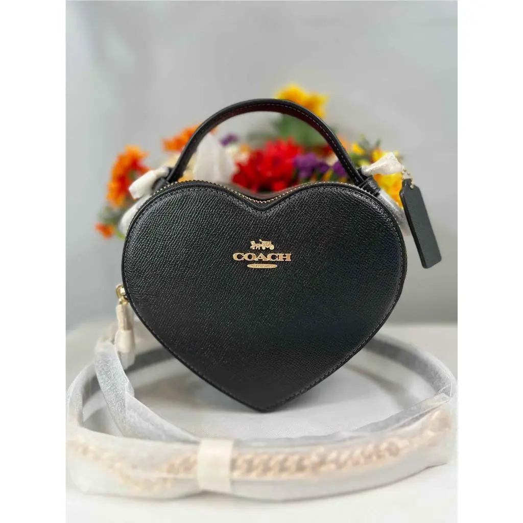 Coach Valentine`s Black Crossgrain Leather Heart Crossbody Bag CE652