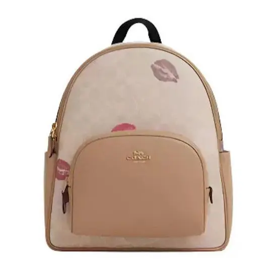 Coach Court Sand M Lips Print Signature Coated Canvas Leather Backpack CZ936