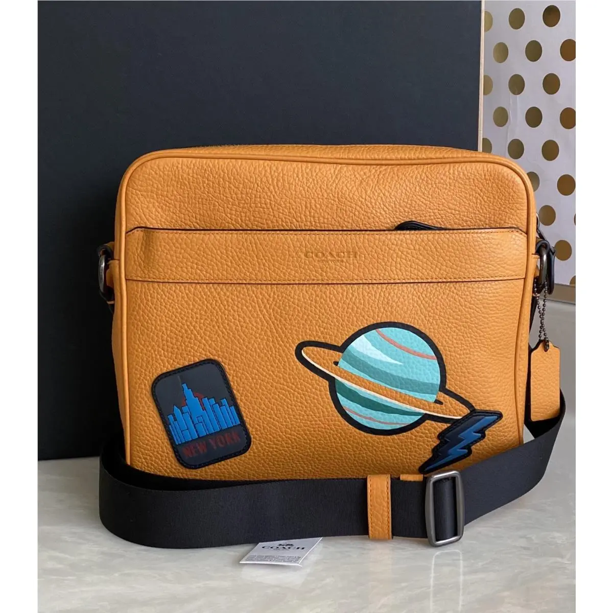 Coach Charles Tangerine Leather Camera Bag with NY Space Patches 29042
