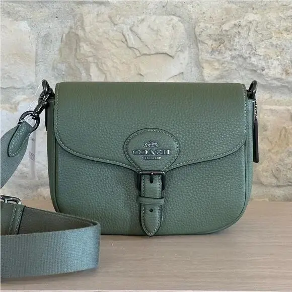 Coach Amelia Saddle Crossbody Small Bag Pocket Pebble Leather Military Green