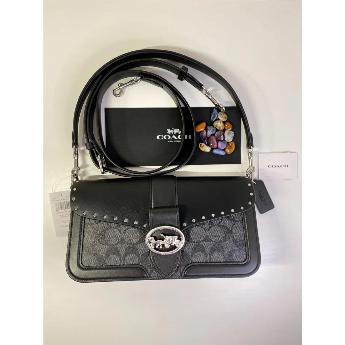 Coach George Shoulder Bag C Signature Rivets Black Leather: Snap Purse 5605
