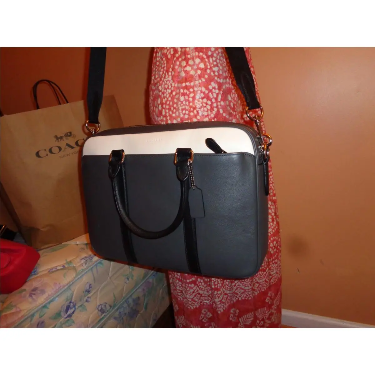 Coach Men`s Business Bag Leather Perry Slim Brief Colorblock Graphite 56018