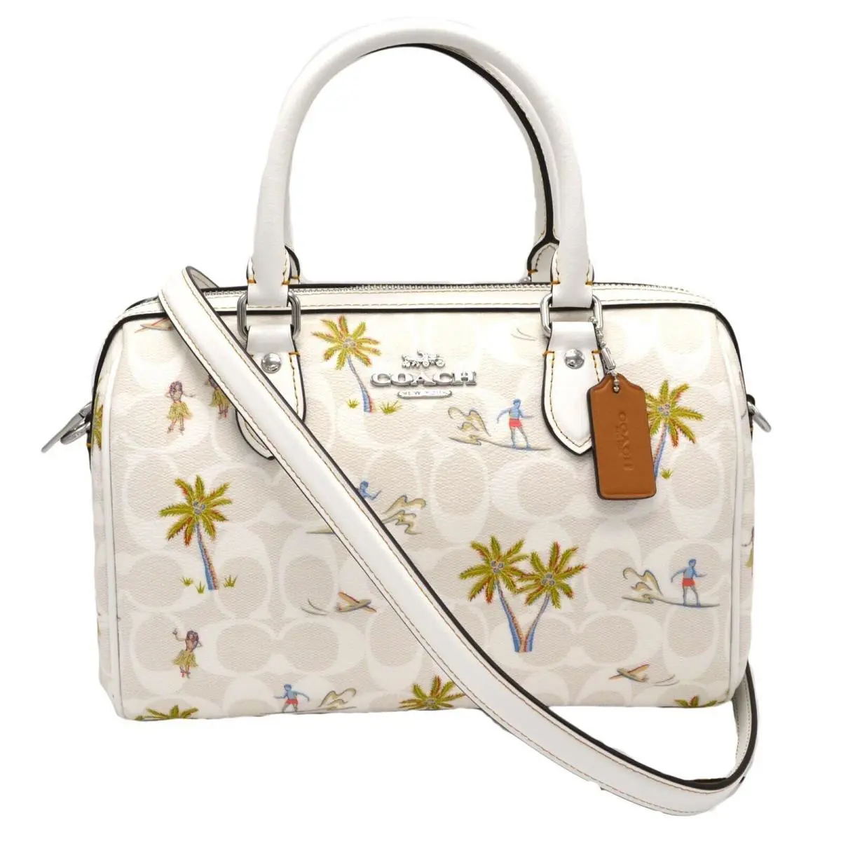 Coach Women`s Rowan Satchel Purse Crossbody Crossgrain Leather Handbag - Hardware: Silver, Exterior: Chalk White