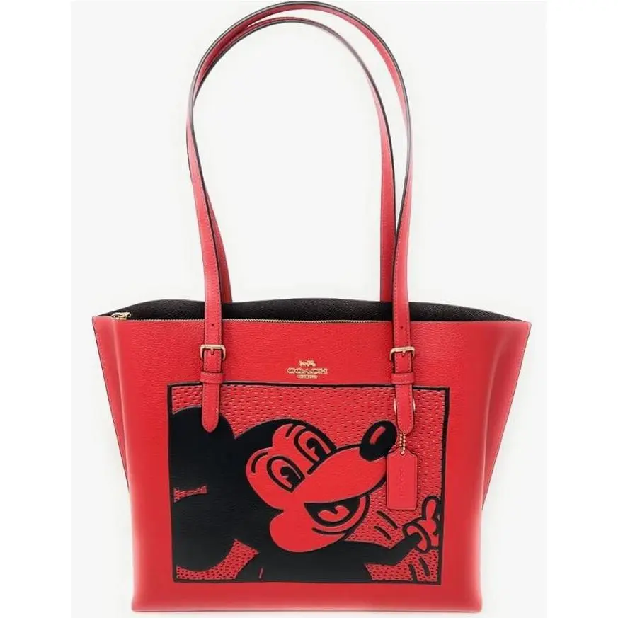 Coach Mollie Disney Mickey Keith Haring Leather Tote Electric Red