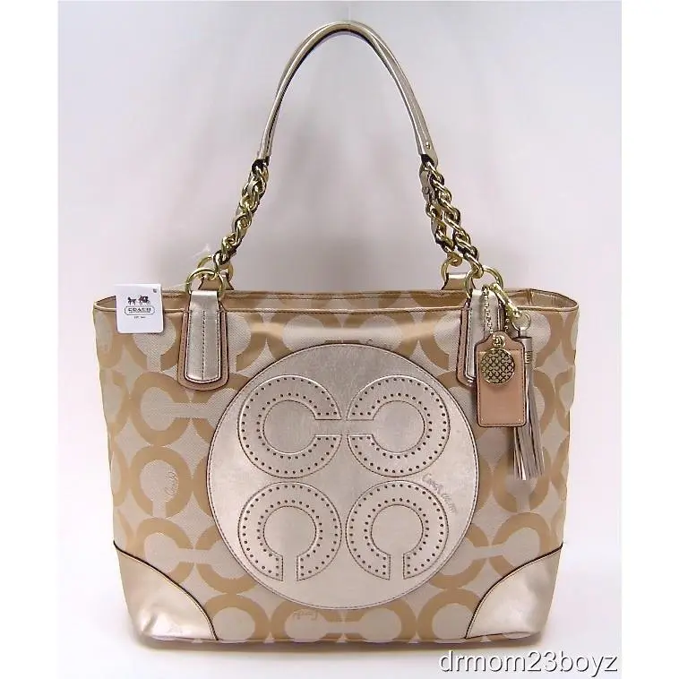 Coach Colette Khaki Gold Leather Signature Large Tote Purse Bag 16487 Rare