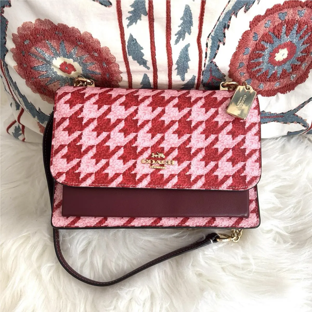 Coach Klare Crossbody with Houndstooth Print CJ625 Im/pink/red