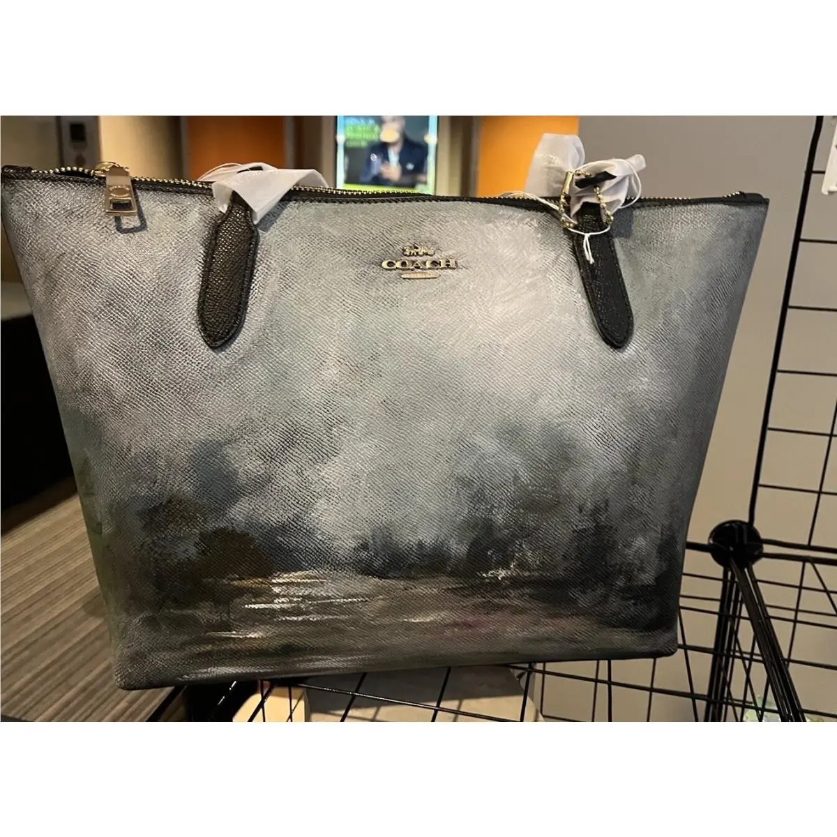 Coach Tote with Zip with Hand Painted Black Leather Impressionist Art Orig