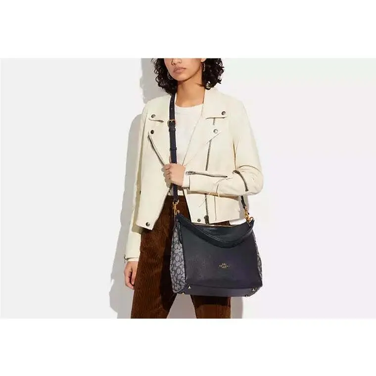 Coach Signature Jacquard Shay Leather Shoulder Bag Handbag Purse Navy Blue