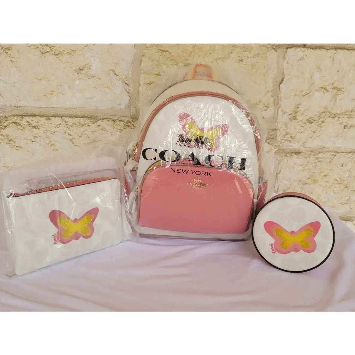 Coach Mini Court Backpack Signature Butterfly +wristlet + Trinket 3 Pieces Set