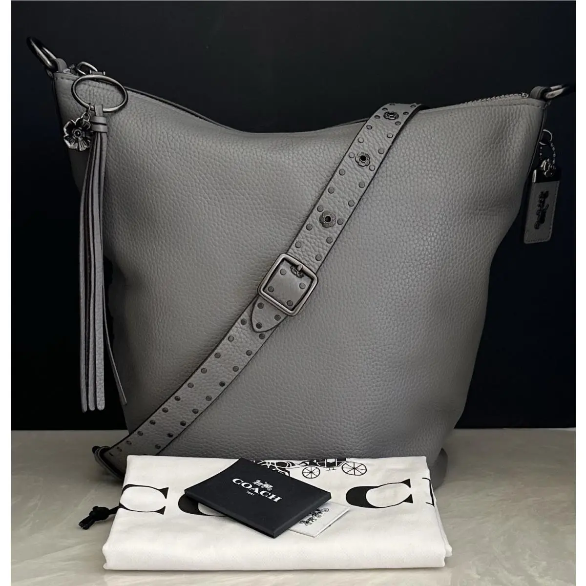 Coach Heather Gray Duffle Bag Border Rivets Embellished Shoulder Strap 29239