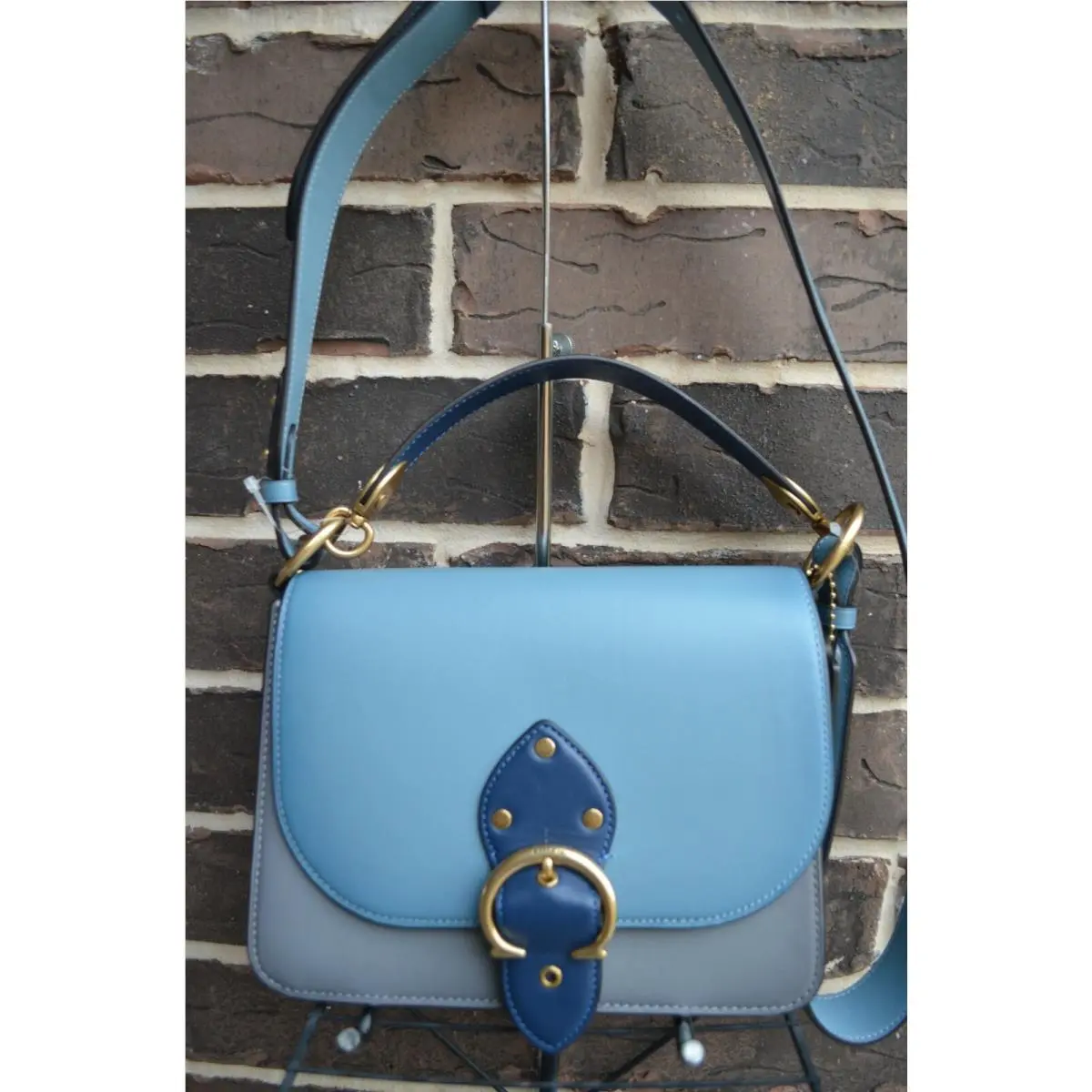 Coach C2595 Azure Blue Colorblock Leather Shoulder Bag Grey Gray