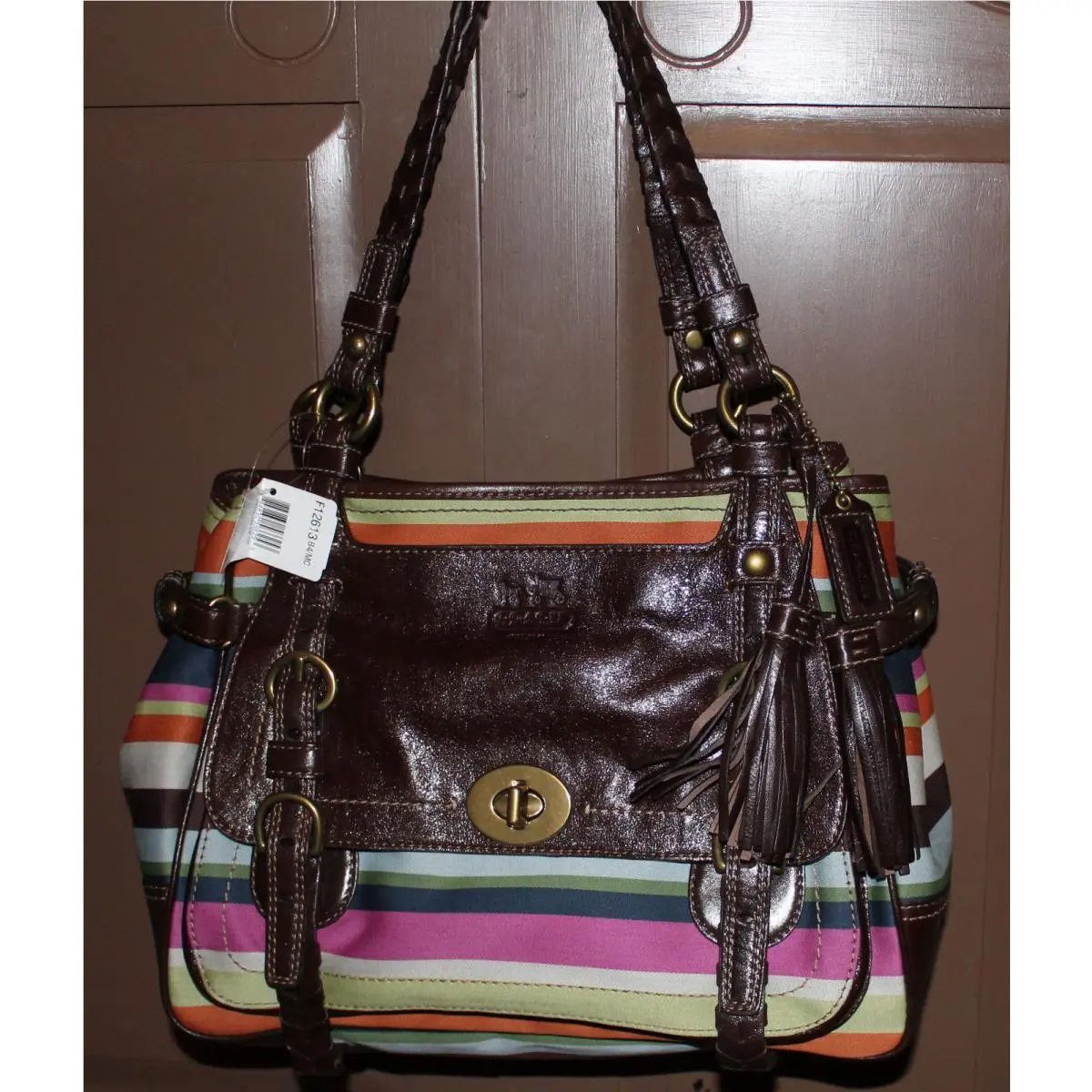 Coach F12613 Legacy Wol Var Stripe Shoulder Bag Leather Pocket Tote
