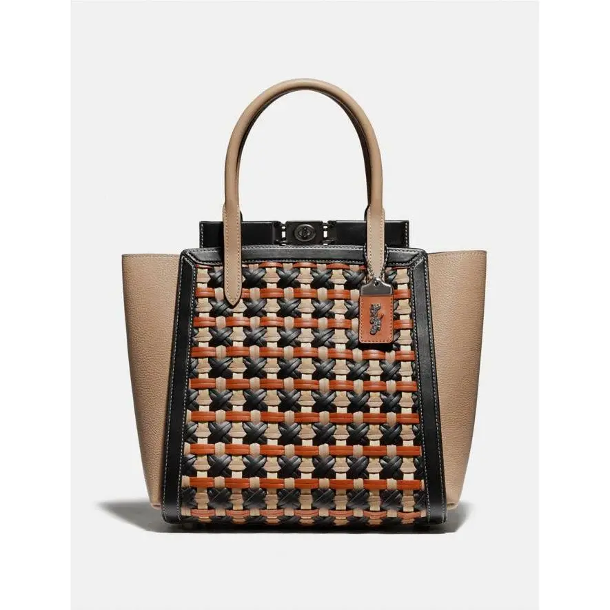 Coach Troupe Tote Weaving Shoulder Bag Leather Woven Black Brown Handbag