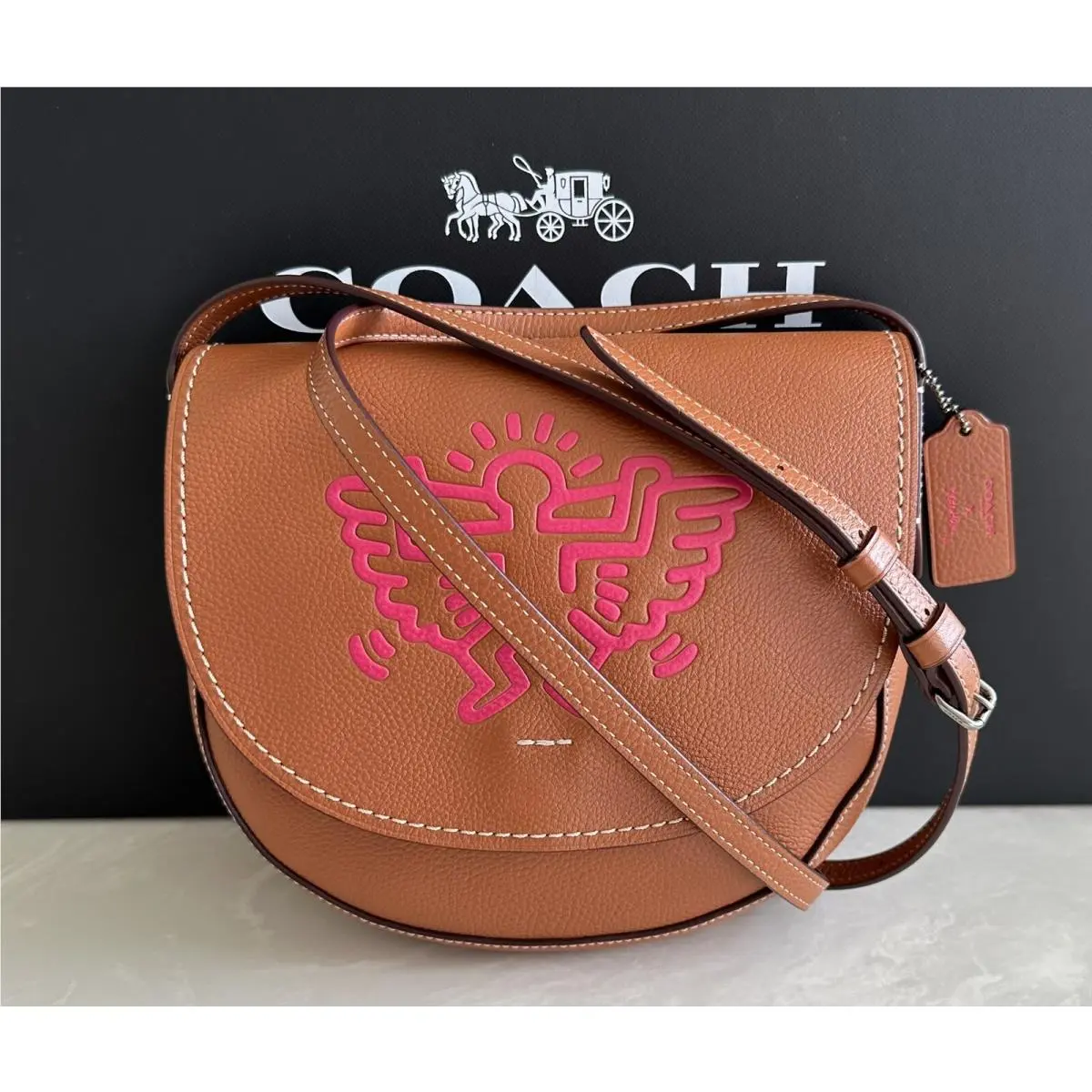 Coach X Keith Haring Hudson Saddle Angel Pebble Leather Crossbody 11784