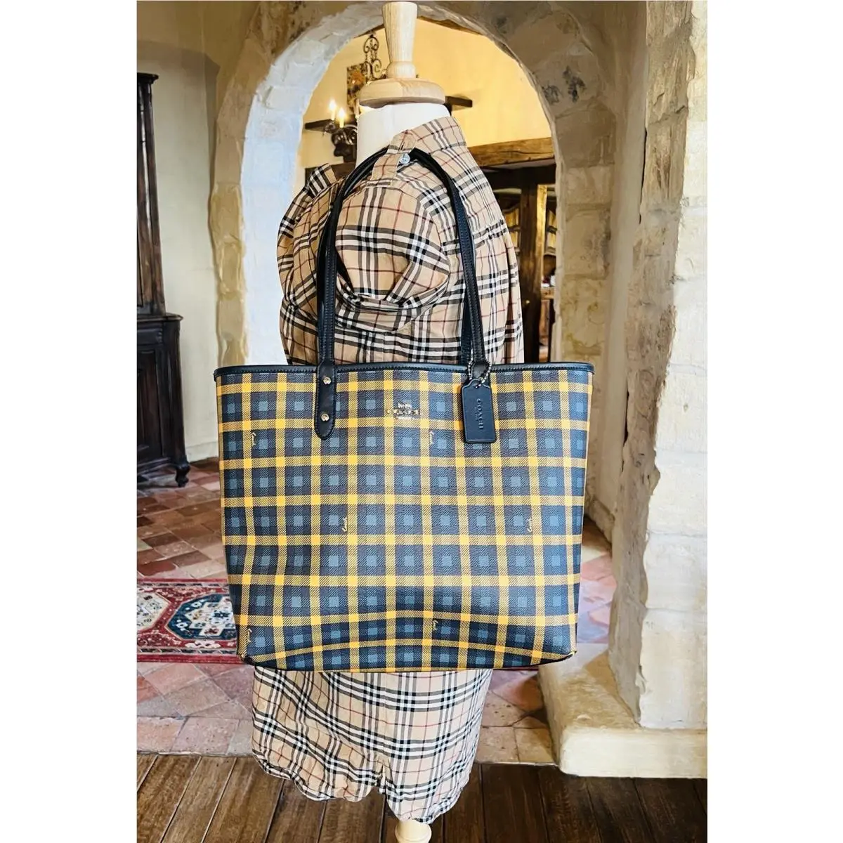 Coach Gingham Plaid Check Reversible Tote Handbag Women Blue Rare