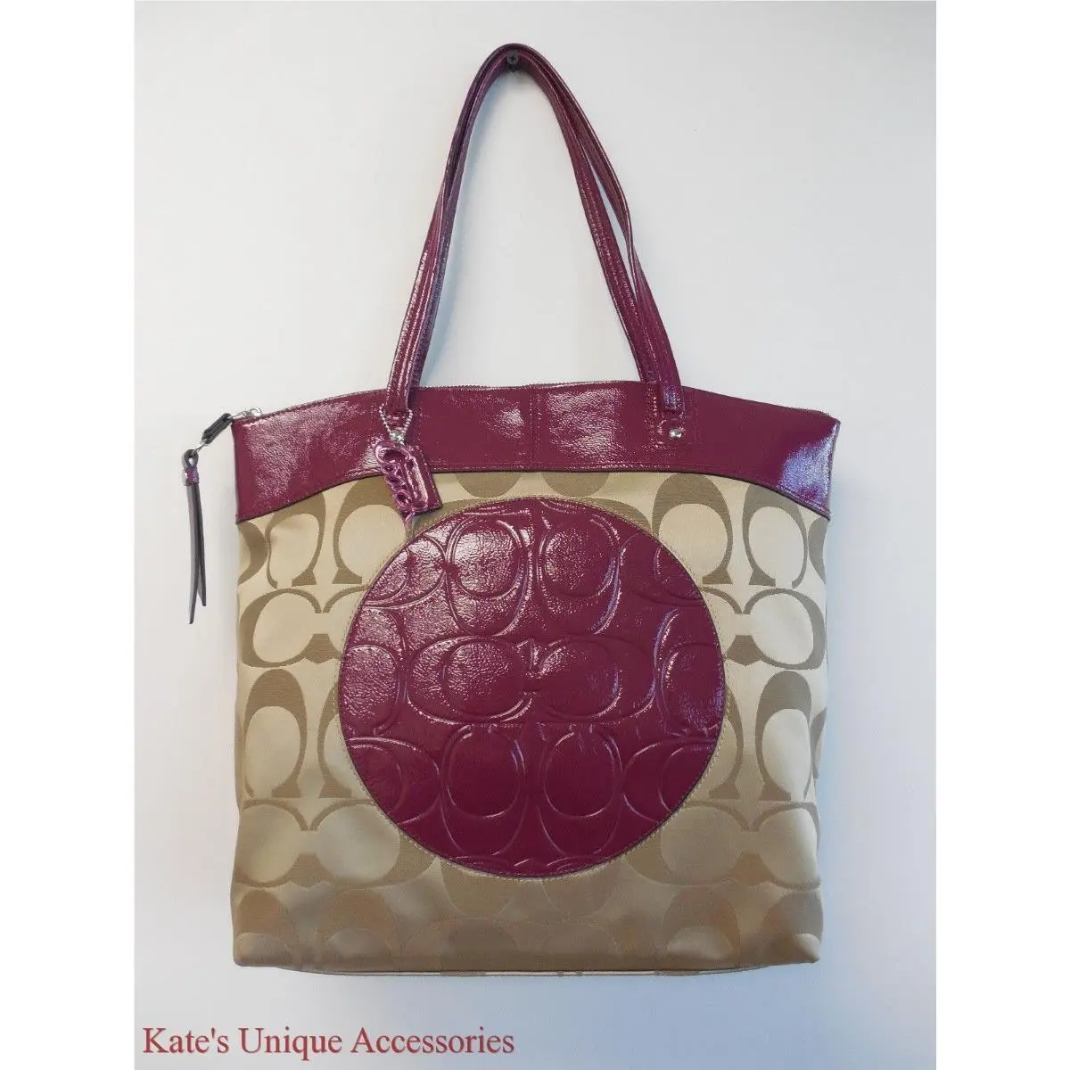 Coach Laura Signature Tote Bag Purse Khaki/berry F18335