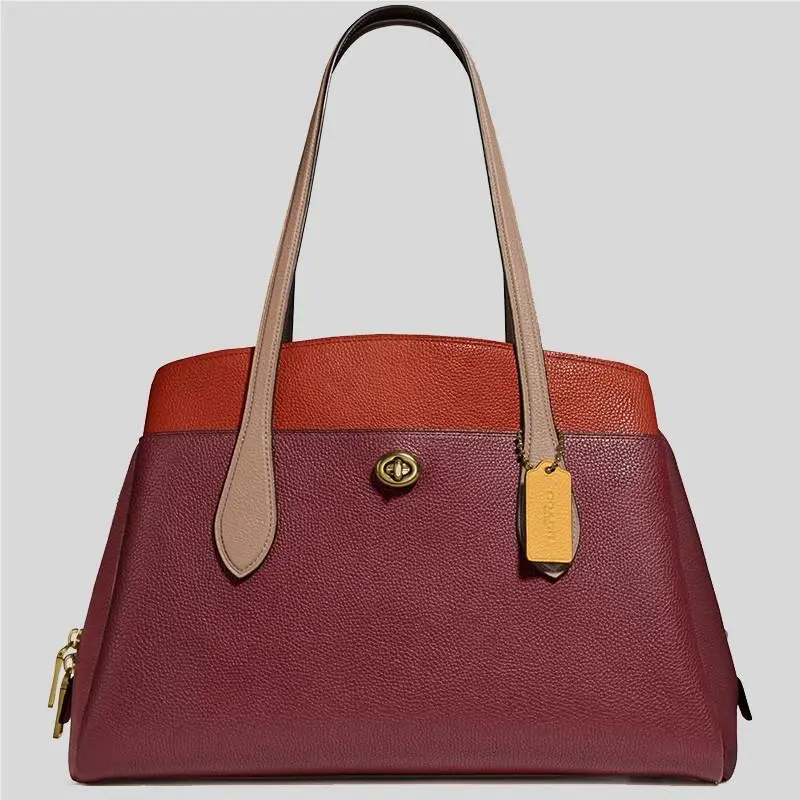 Coach Lora Carryall Whine/red Sand/beige Colorblock Shoulder Handbag 89086