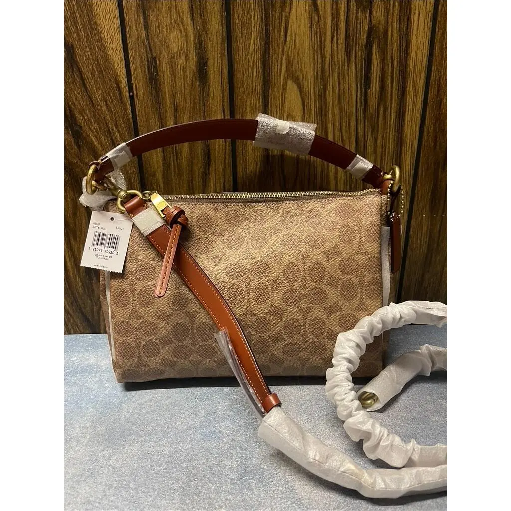 BN Coach 93847 Shay Crossbody Bag Signature Canvas /leather Color Tan Rust