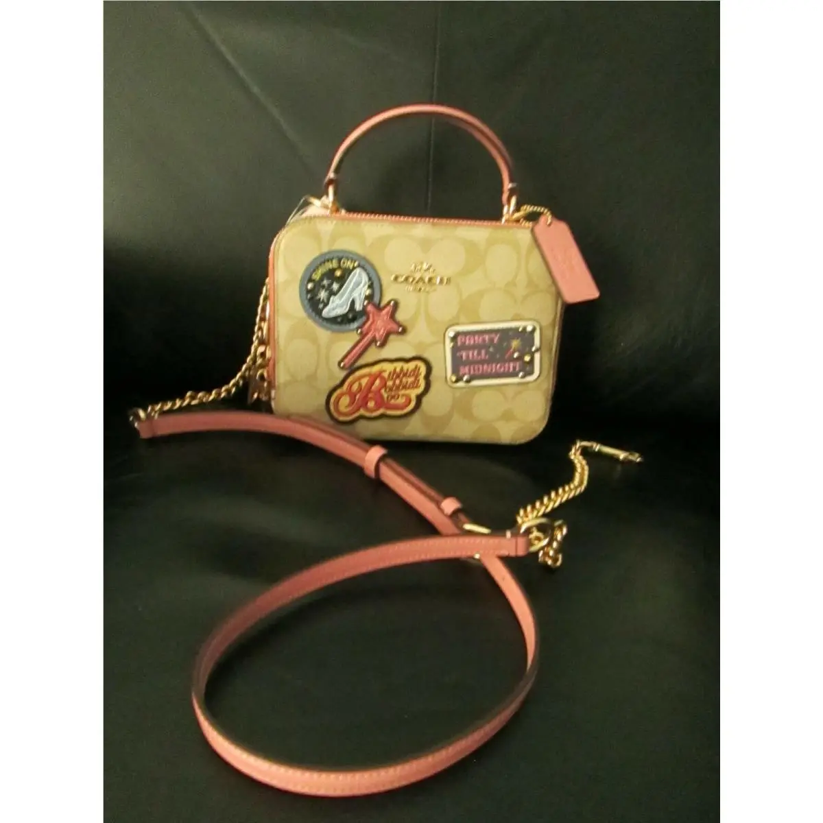 Disney X Coach Box Crossbody Purse Bag Cinderella Canvas Pink Patches